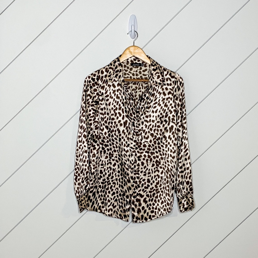 Satin button down leopard blouse